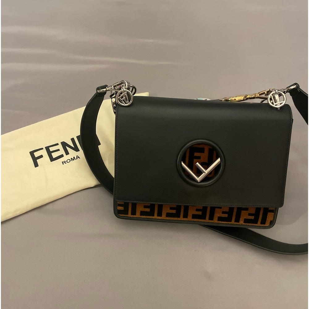 Fendi Logo Leather and Velvet Shoulder Bag